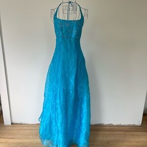 Blue Beaded Halter Y2K Prom Dress